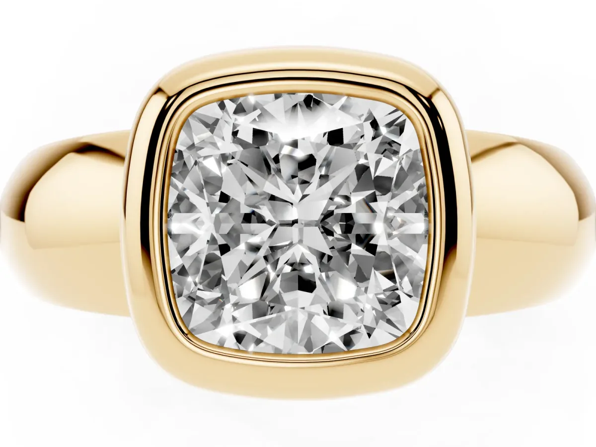 Bezel Set Cushion Cut Solitaire Ring with Wide Band Yellow gold