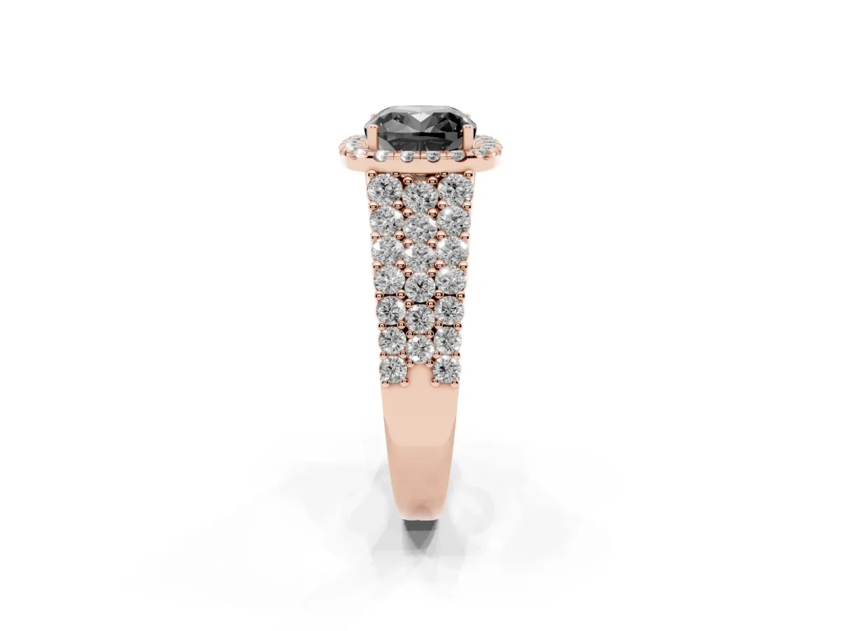 Fancy Black Cushion Cut Diamond Halo Engagement Ring with Triple Row Round Pavé Band and Prong Setting Rose gold