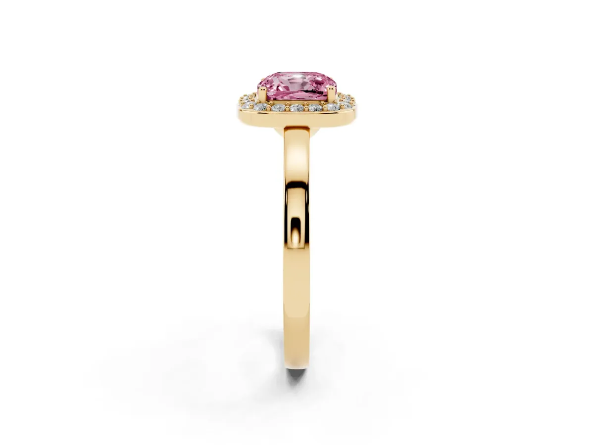 Fancy Pink Cushion Cut Halo Diamond Ring with Solitaire Band and Prong Setting Yellow gold