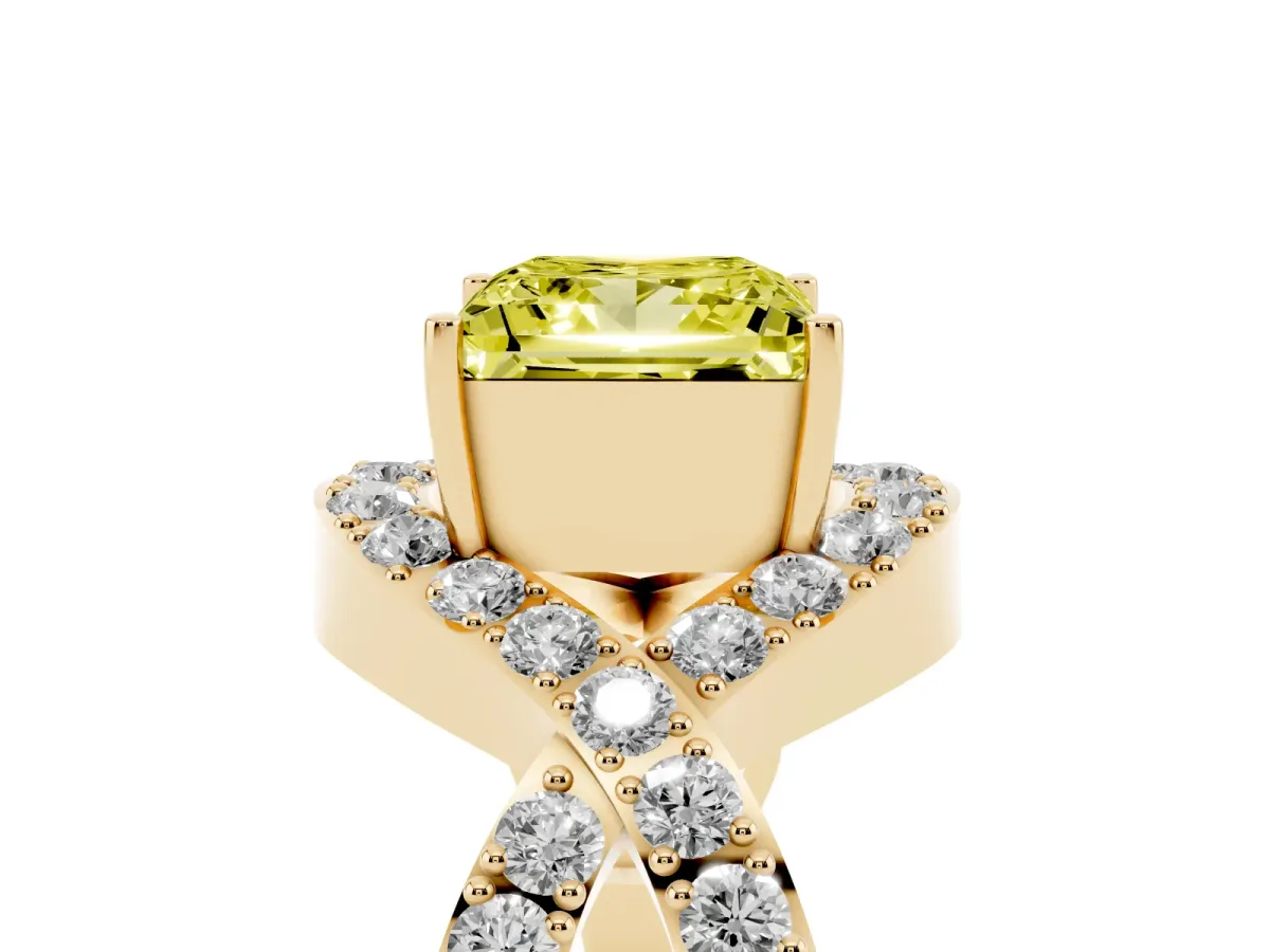 Fancy Yellow Princess Cut Solitaire Twist Band Pavé Diamond Engagement Ring Yellow gold