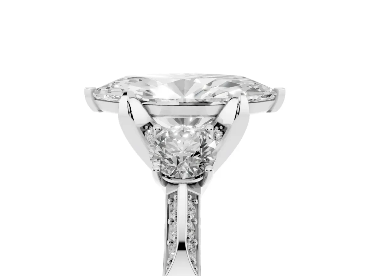Marquise Cut Brilliant Three-Stone Diamond Ring with Pavé Band and Four-Prong Setting Silver