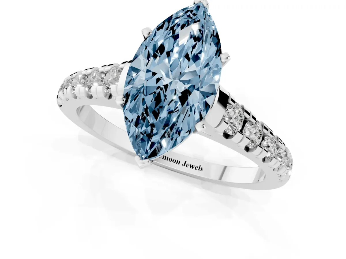 Fancy Blue Marquise Cut Diamond Cathedral Solitaire Ring with Round Pavé Band Silver