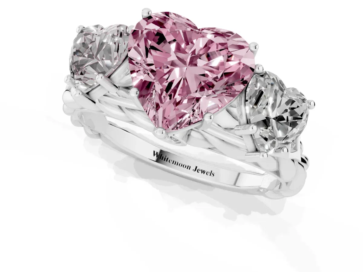 Fancy Pink Three-Stone Heart Cut Diamond Braided Band Ring with Four-Prong Setting Platinum
