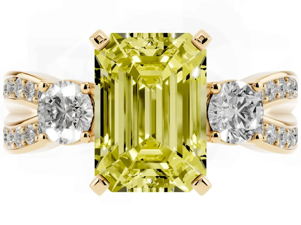 Fancy Yellow Three-Stone Emerald Cut Cut Diamond Twist Band with Prong Setting Yellow gold