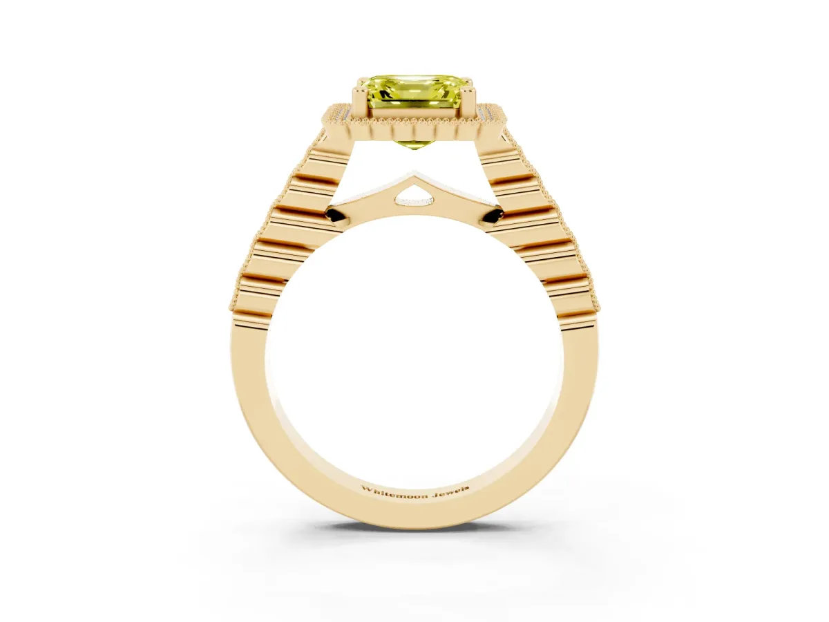 Fancy Yellow Asscher Cut Cut Halo Pavé Solitaire Ring with Milgrain Band Yellow gold