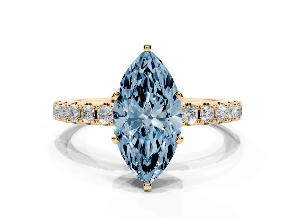 Fancy Blue Marquise Cut Diamond Solitaire Pavé Band with Four-Prong Setting Yellow gold
