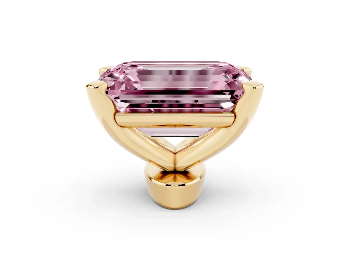 Fancy Pink Emerald Cut Diamond Solitaire Ring with Prong Setting and Classic Band Yellow gold