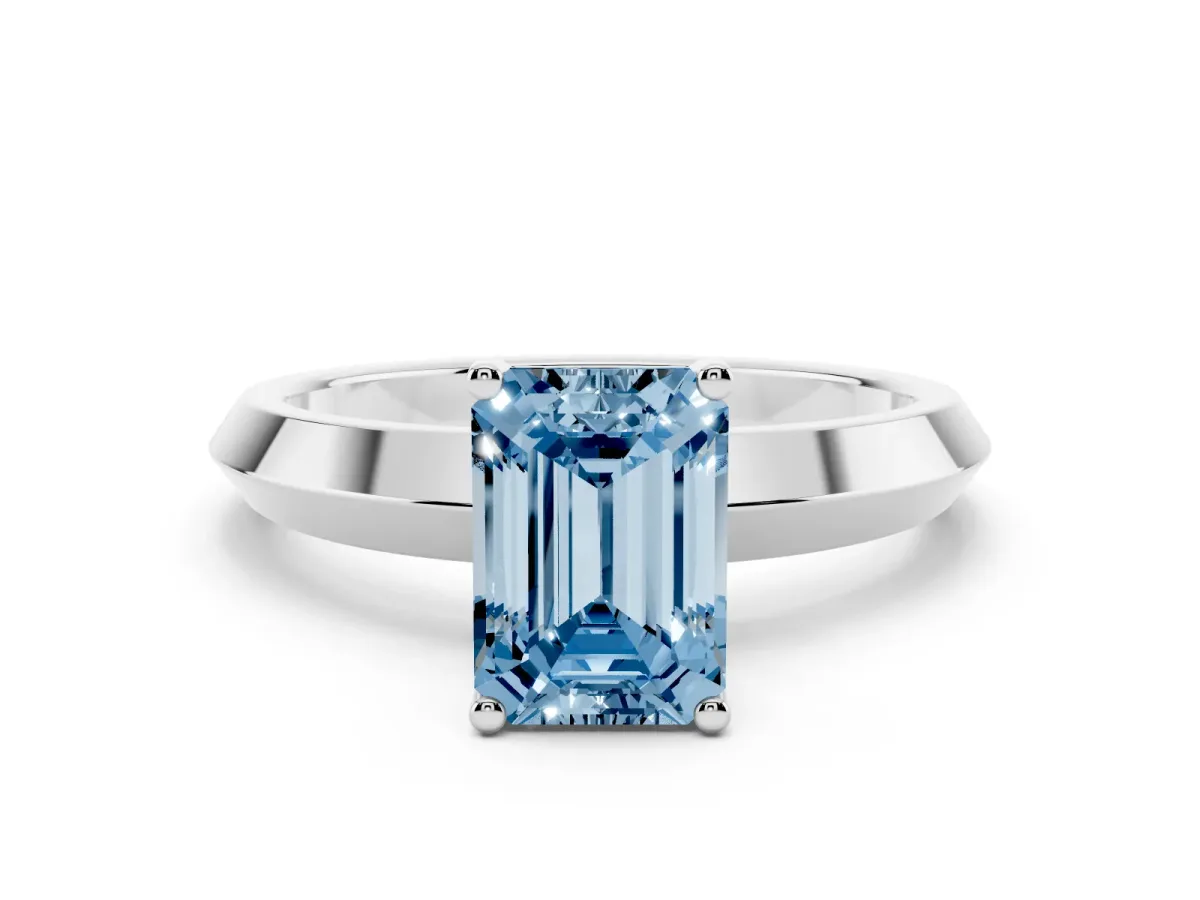 Fancy Blue Emerald Cut Cut Solitaire Engagement Ring with Flat Band and Four-Prong Setting Platinum