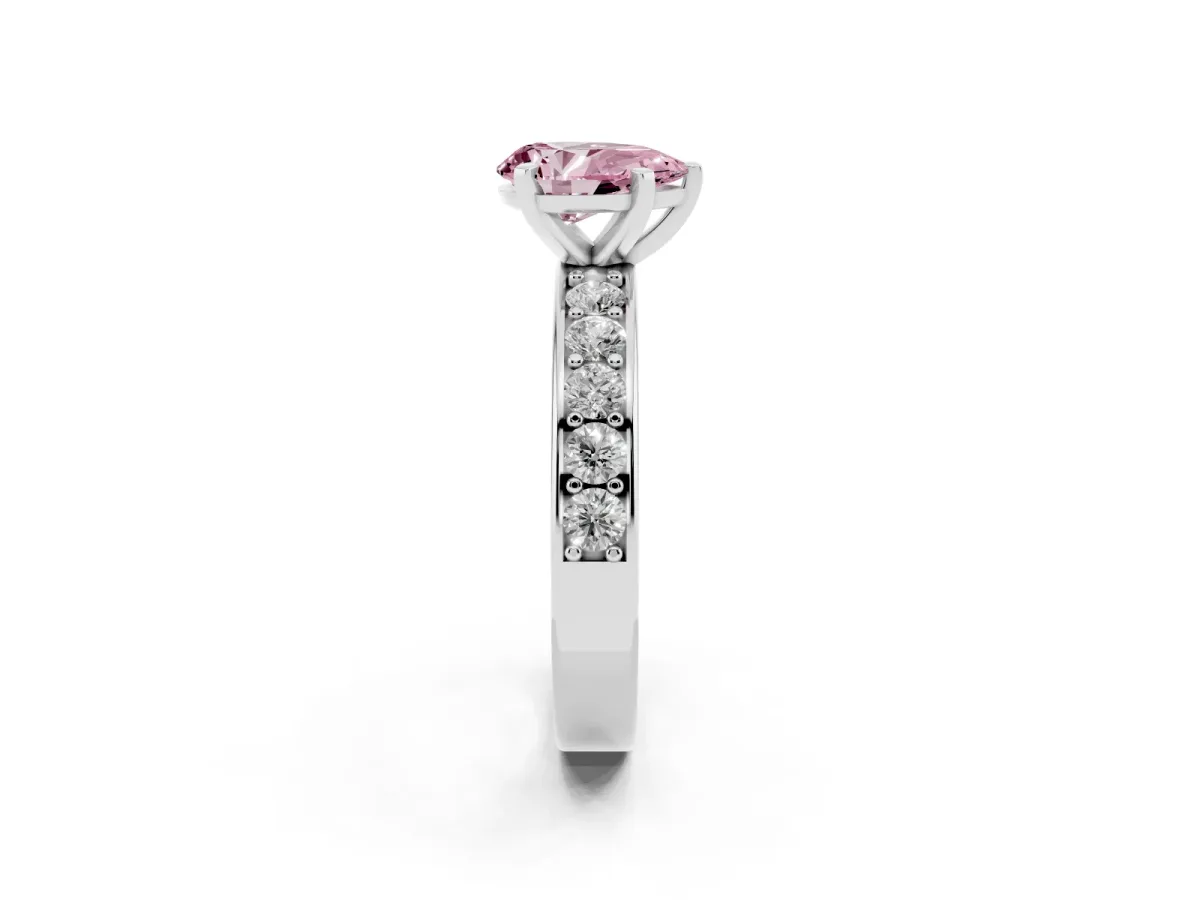 Fancy Pink Pear Cut Diamond Engagement Ring with Channel Set Round Band and Prong Setting Silver