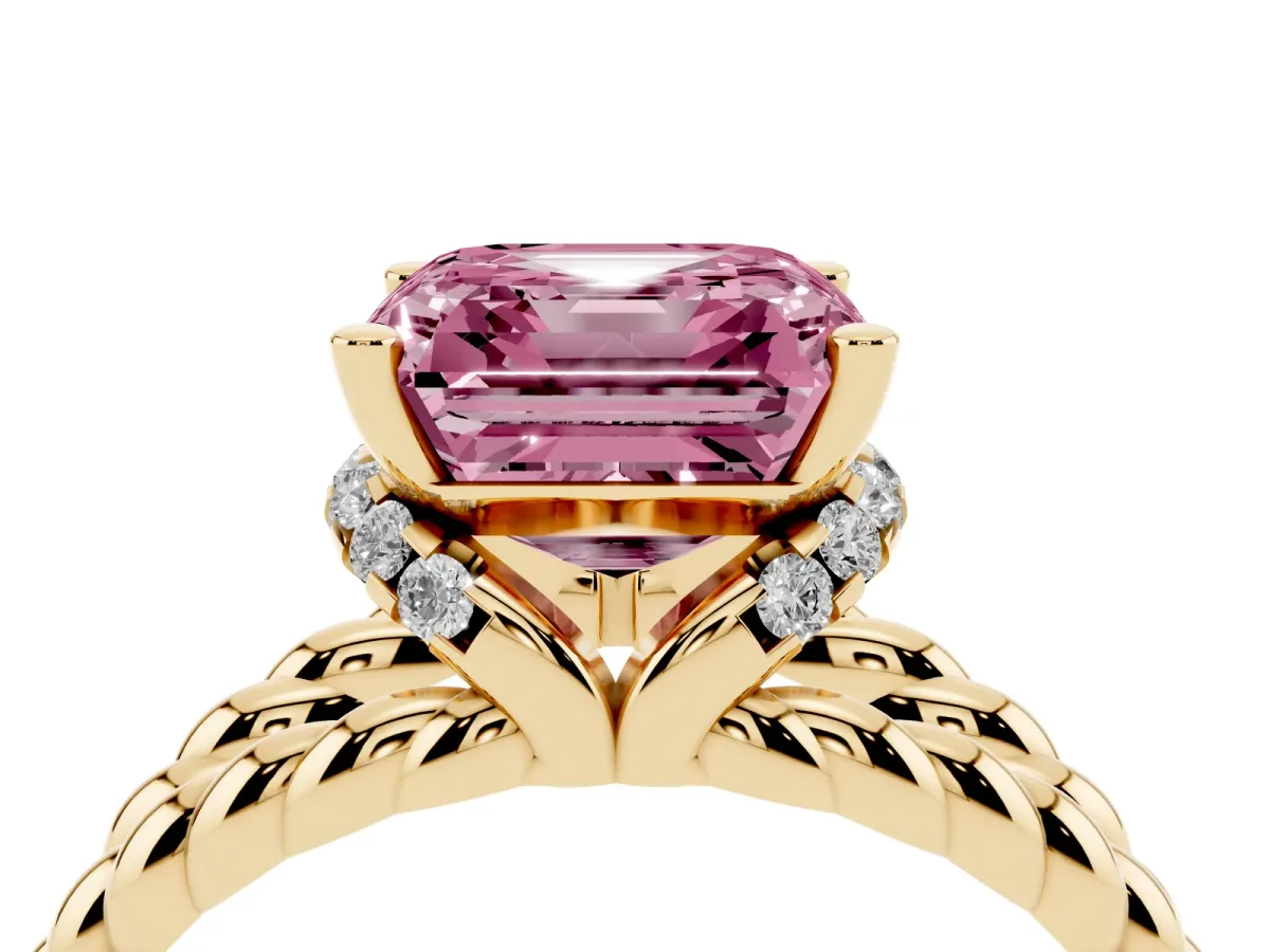Fancy Pink Asscher Cut Halo Twisted Band Four-Prong Ring Yellow gold
