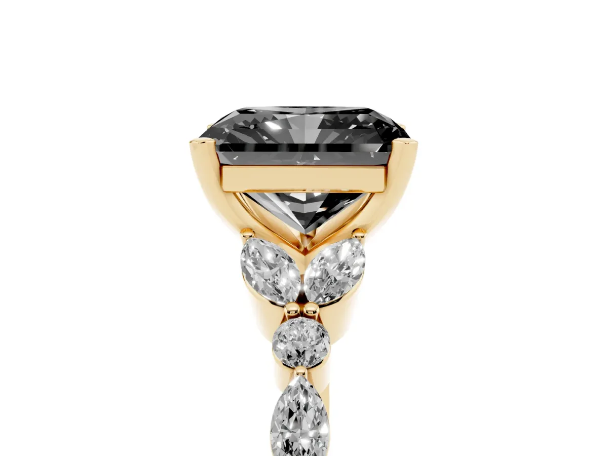 Fancy Black Radiant Cut Diamond Solitaire Ring with Side Stones and Four-Prong Setting Yellow gold