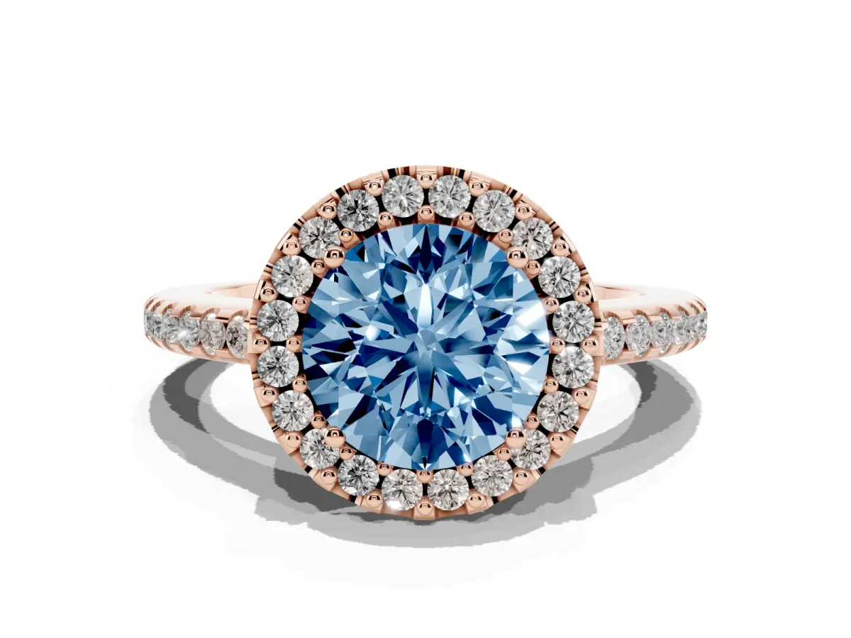 Fancy Blue Round Cut Diamond Pavé Halo Ring with Four-Prong Setting Rose gold