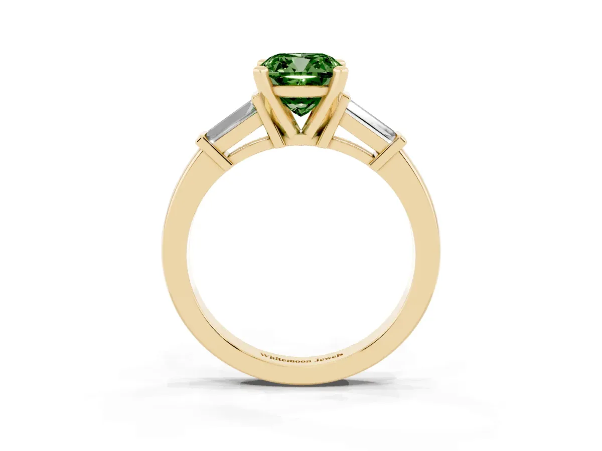 Fancy Green Cushion Cut Cut Diamond Solitaire Ring with Tapered Baguette Accents and Four-Prong Setting Yellow gold