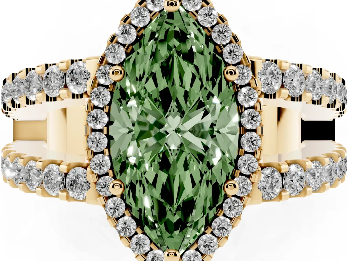 Fancy Green Marquise Cut Cut Halo Split Shank Diamond Ring with Four-Prong Setting Yellow gold