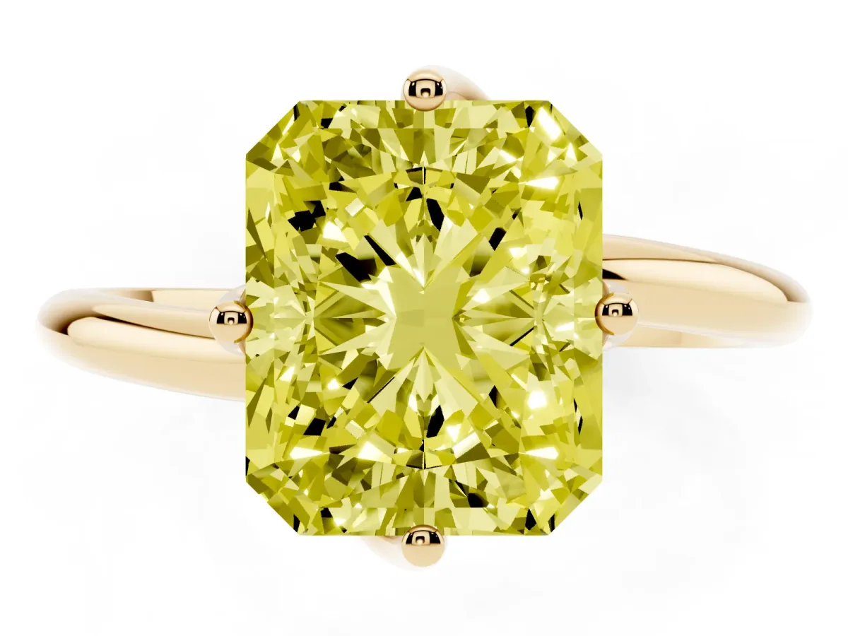 Fancy Yellow Radiant Cut Diamond Solitaire Engagement Ring with Four-Prong Setting and Classic Band Yellow gold