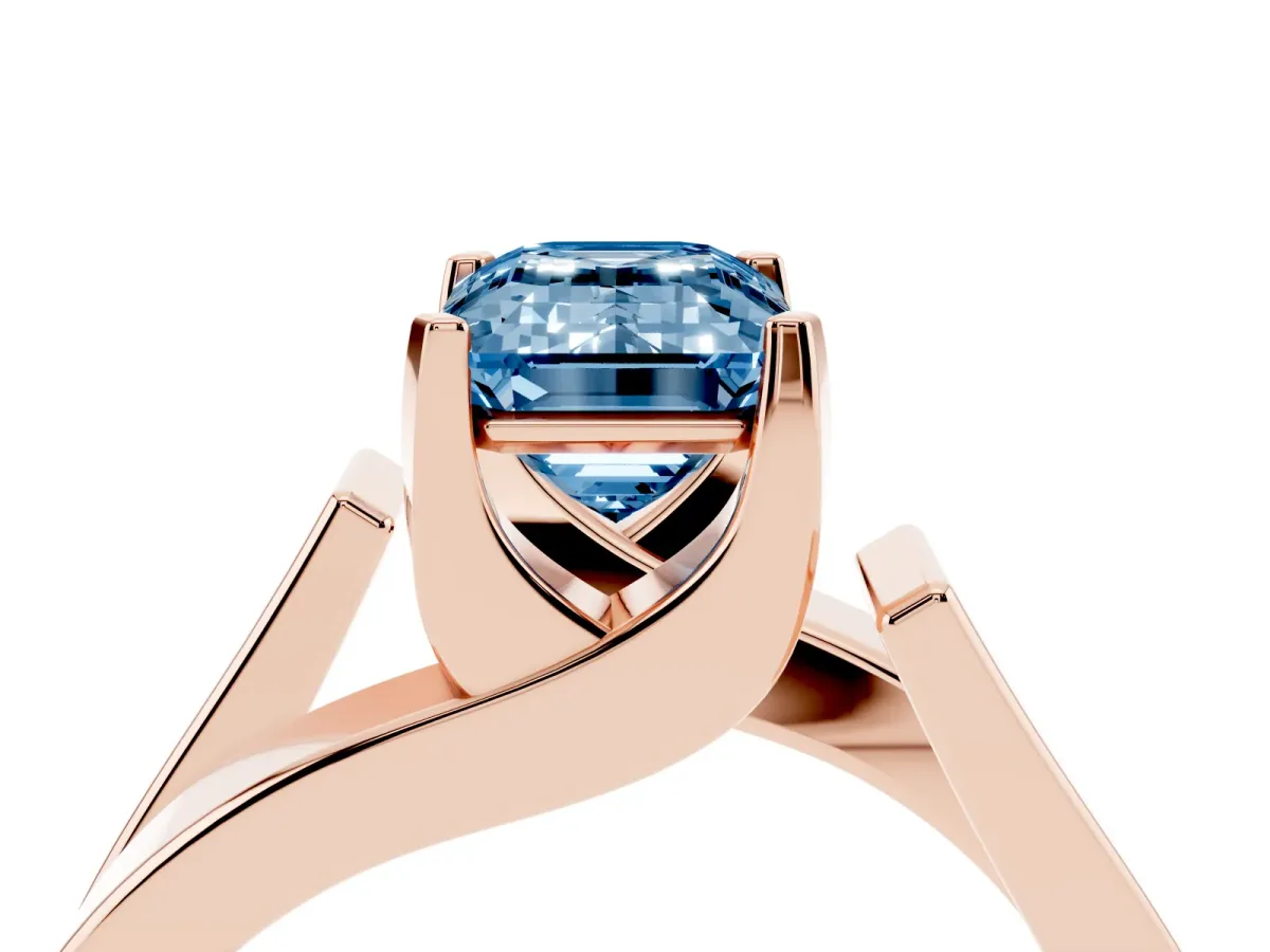 Fancy Blue Modern Tension Set Emerald Cut Diamond Solitaire Wide Band Ring Rose gold