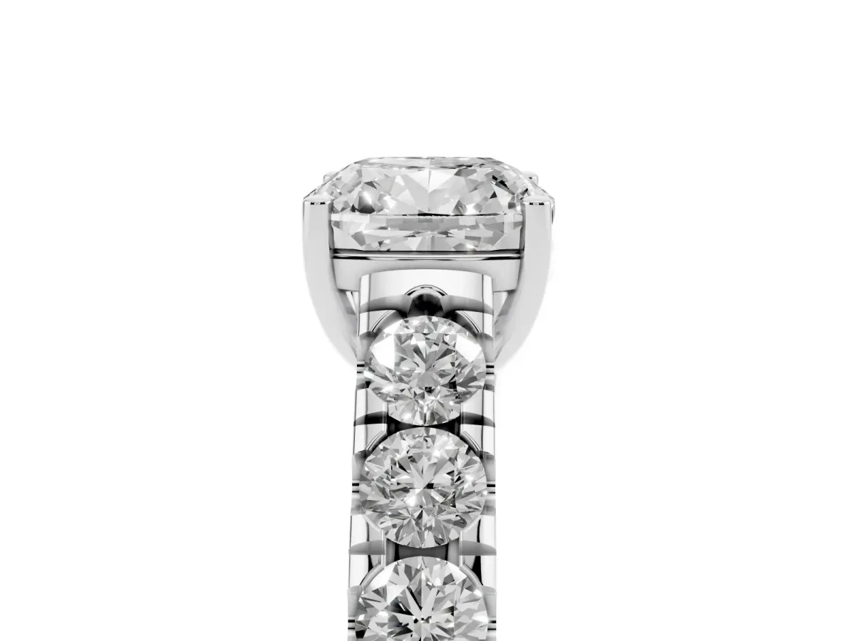 Cushion Cut Cut Diamond Solitaire Ring with Micro Pave Band and Prong Setting Platinum