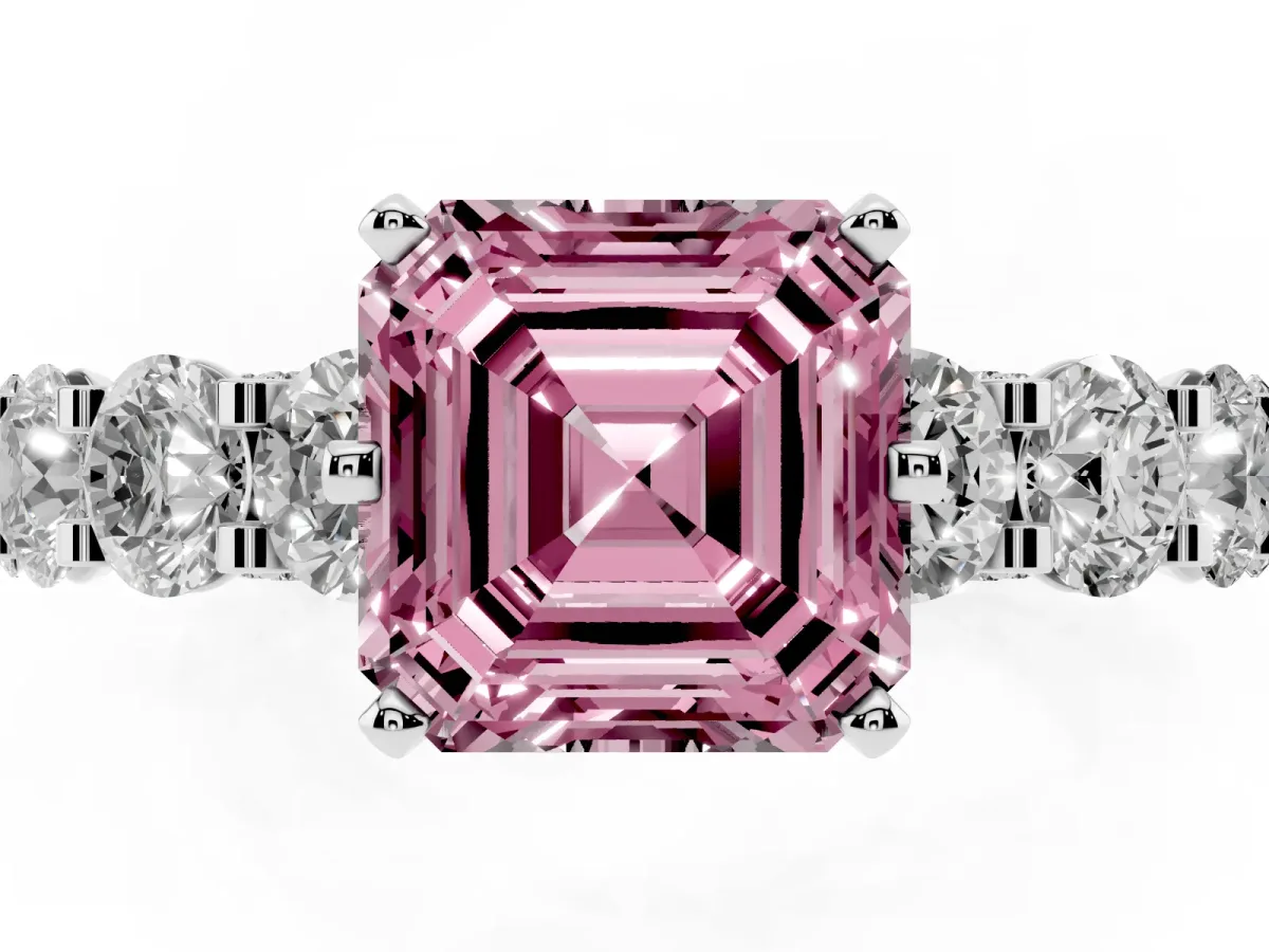 Fancy Pink Asscher Cut Diamond Side Stone Engagement Ring with Four-Prong Setting Platinum