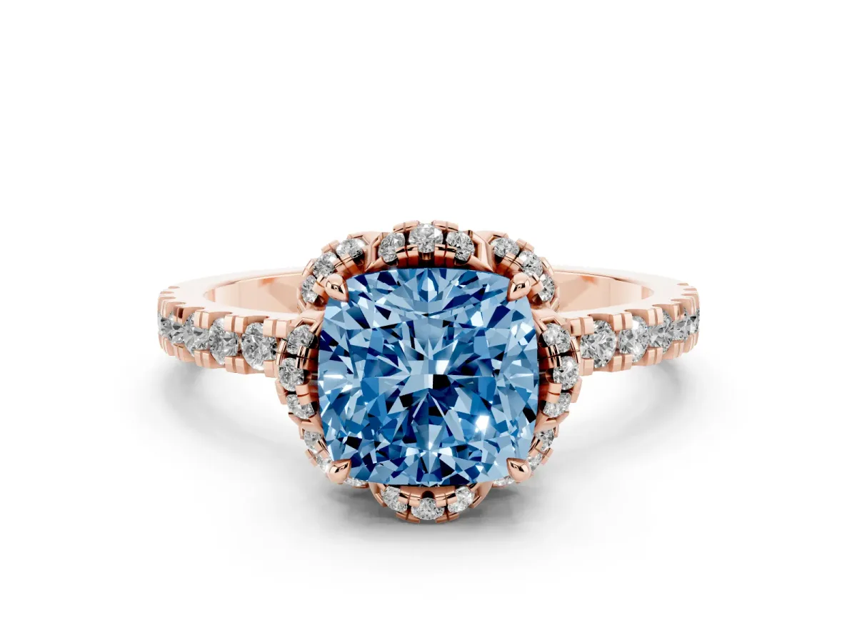 Fancy Blue Cushion Cut Diamond Halo Pave Band with Four-Prong Setting Rose gold