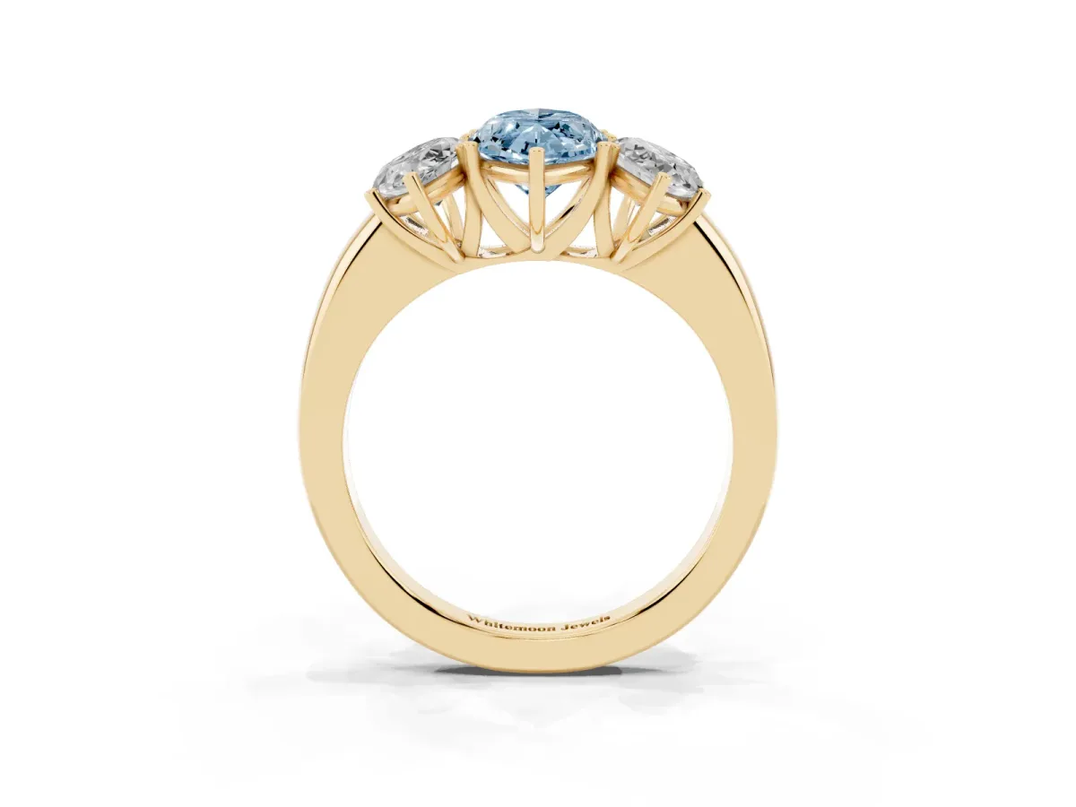 Fancy Blue Marquise Cut Diamond Three-Stone Ring with Four-Prong Setting and Classic Band Yellow gold