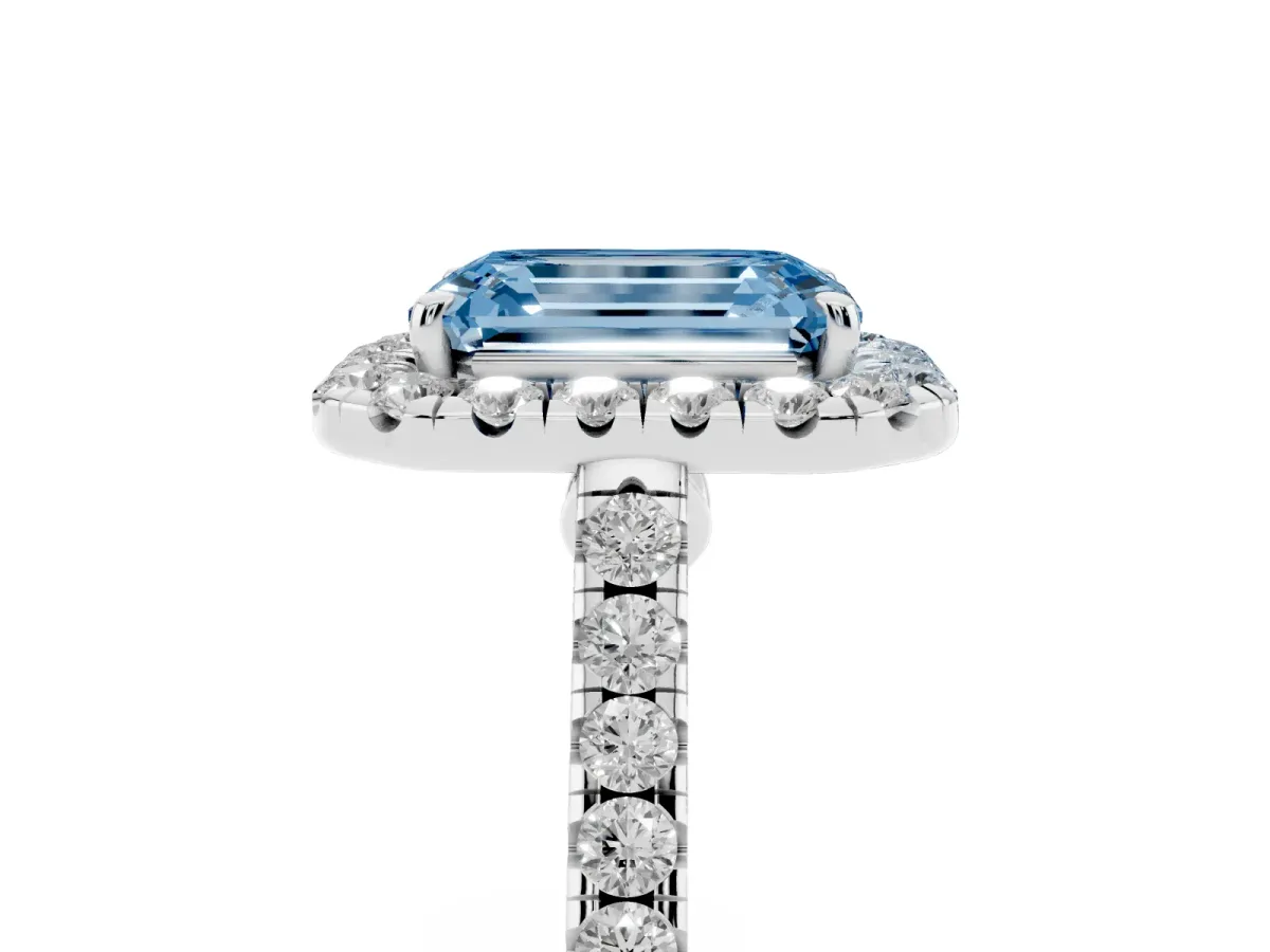 Fancy Blue Emerald Cut Halo Pave Diamond Engagement Ring with Four-Prong Setting Platinum