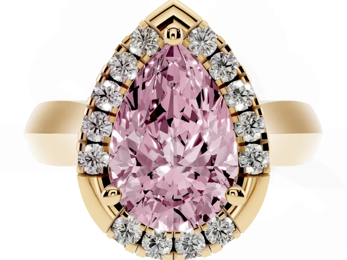 Fancy Pink Pear Cut Cut Halo Solitaire Engagement Ring with Square Band and Four-Prong Setting Yellow gold