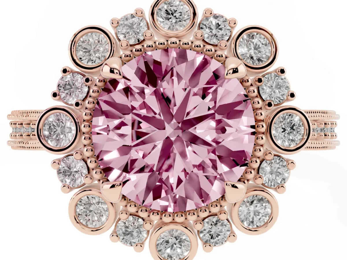 Fancy Pink Round Cut Halo Milgrain Pave Diamond Ring with Four-Prong Setting Rose gold
