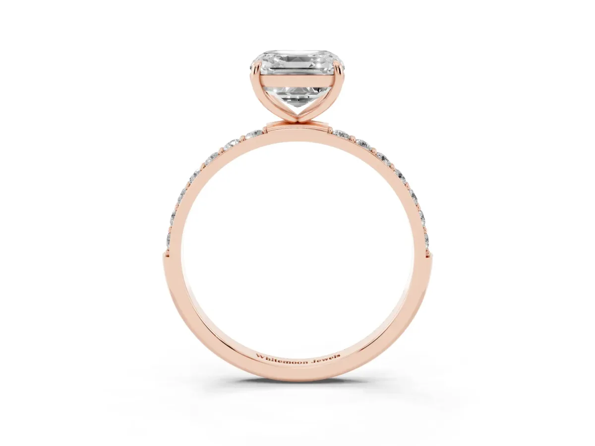Asscher Cut Diamond Solitaire Ring with Round Pavé Shoulders and Prong Setting Rose gold