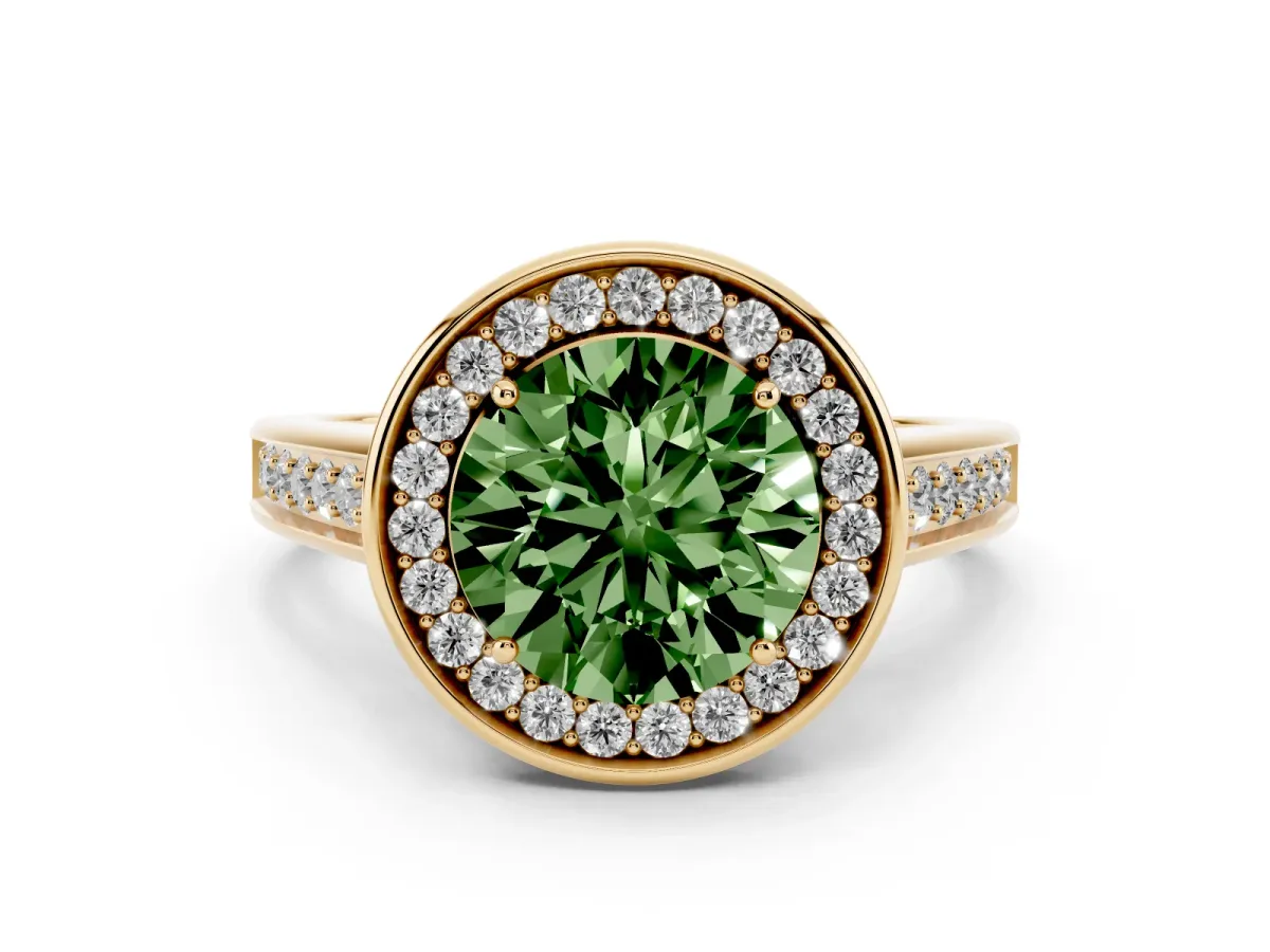 Fancy Green Round Cut Halo Solitaire Diamond Ring with Pave Band and Bezel Setting Yellow gold