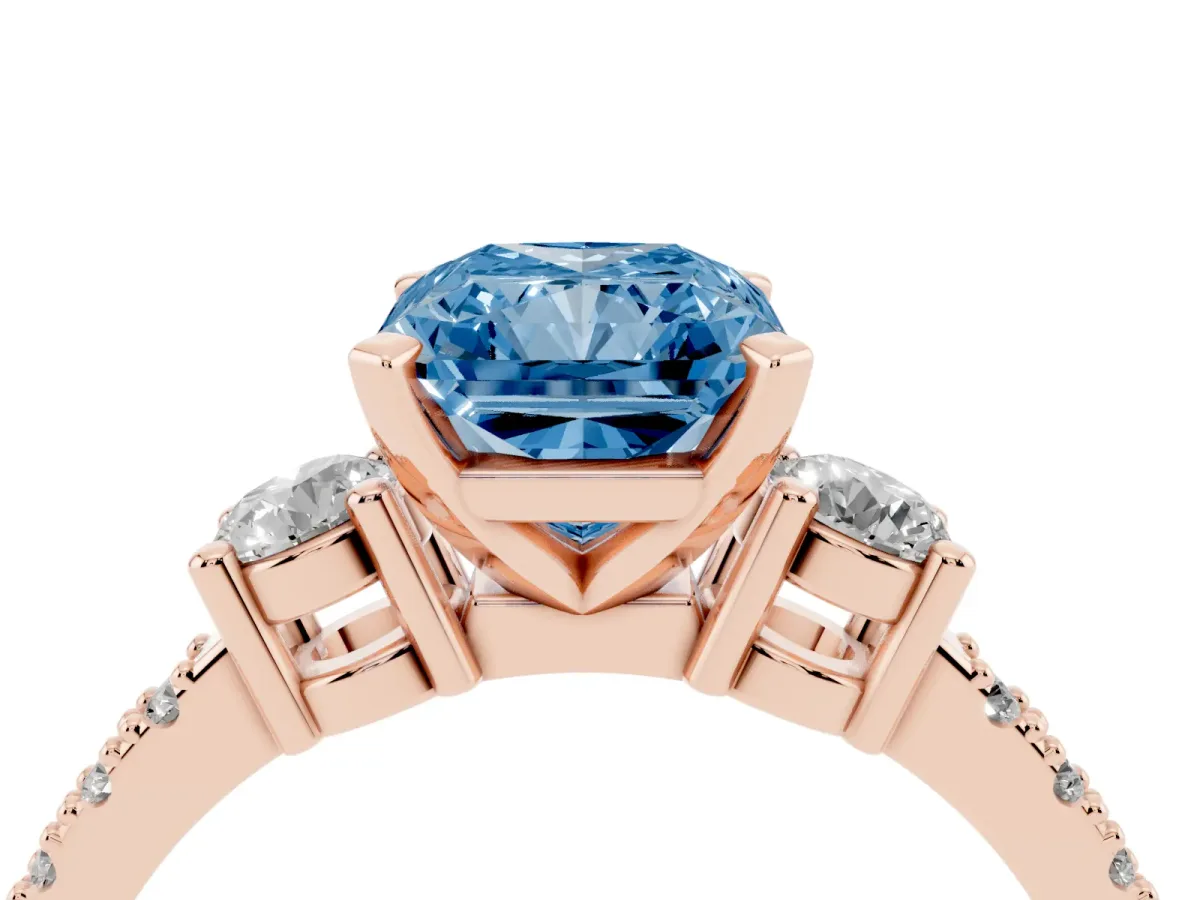 Fancy Blue Radiant Cut Three-Stone Diamond Pavé Band with Prong Setting Rose gold