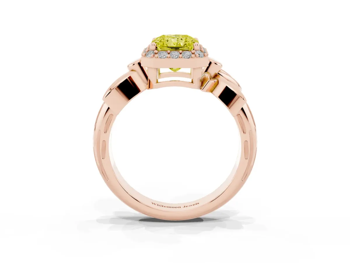 Fancy Yellow Radiant Cut Halo Diamond Floral Band with Four-Prong Setting Rose gold