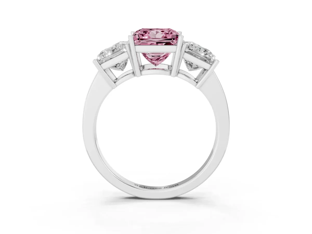 Fancy Pink Three-Stone Princess Cut Cut Diamond Engagement Ring with Flat Band and Four-Prong Setting White gold