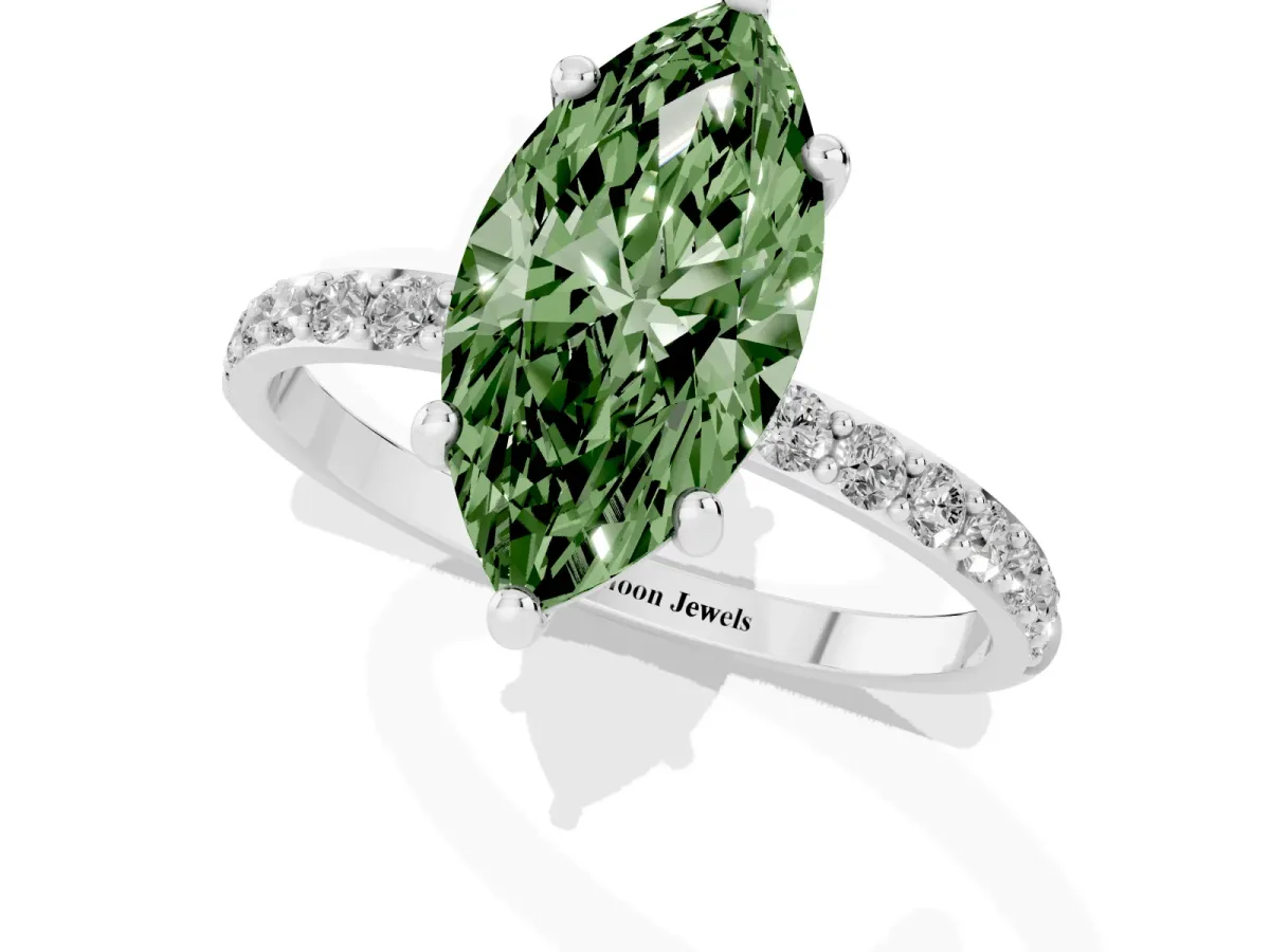 Fancy Green Marquise Cut Diamond Solitaire Ring with Round Pavé Band and Prong Setting Silver