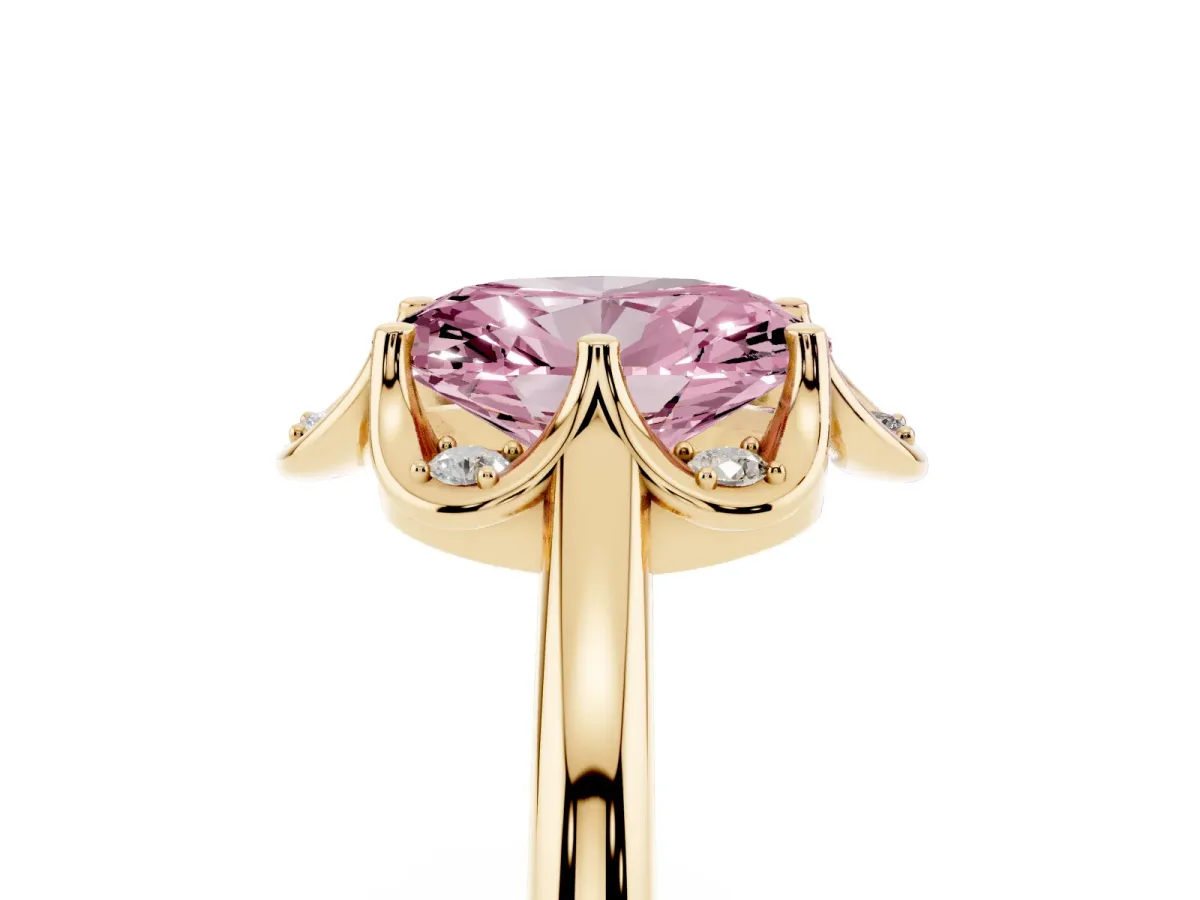 Fancy Pink Oval Cut Halo Diamond Ring with Round Cluster Setting, Solitaire Band, and Four-Prong Setting Yellow gold
