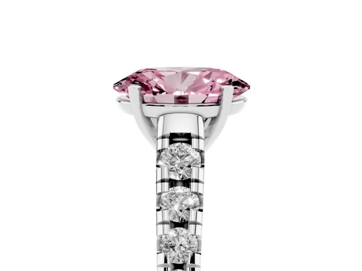 Fancy Pink Oval Cut Diamond Cathedral Solitaire Ring with Round Pavé Band Silver