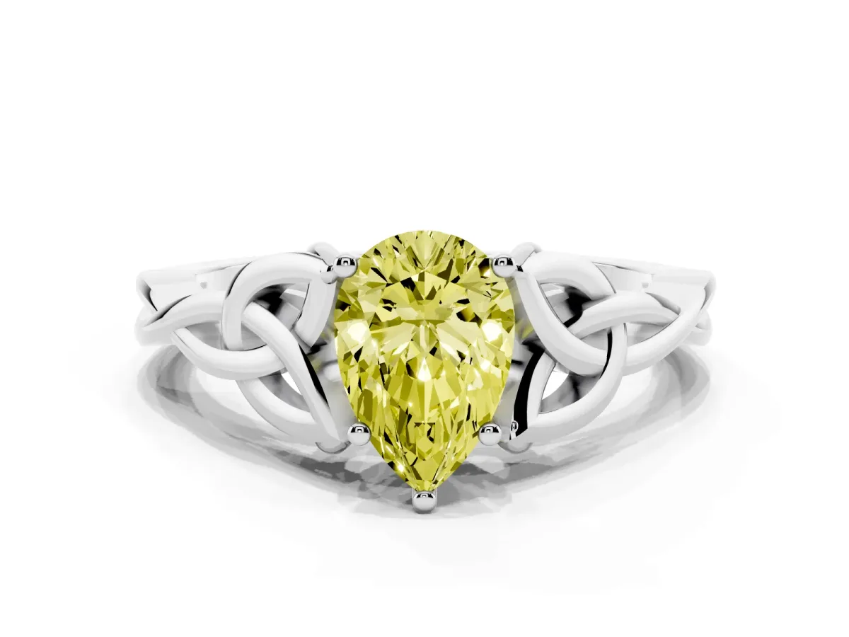 Fancy Yellow Pear Cut Diamond Solitaire Engagement Ring with Celtic Knot Band and Four-Prong Setting Silver