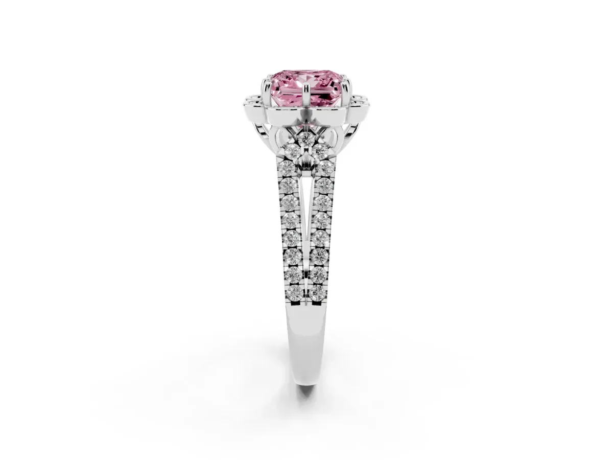 Fancy Pink Princess Cut Halo Diamond Floral Split Shank Engagement Ring Silver