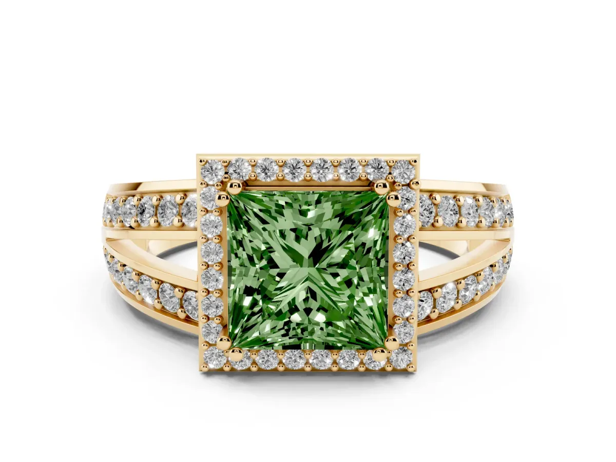 Fancy Green Princess Cut Diamond Halo Ring with Split Shank Pavé Band and Four-Prong Setting Yellow gold