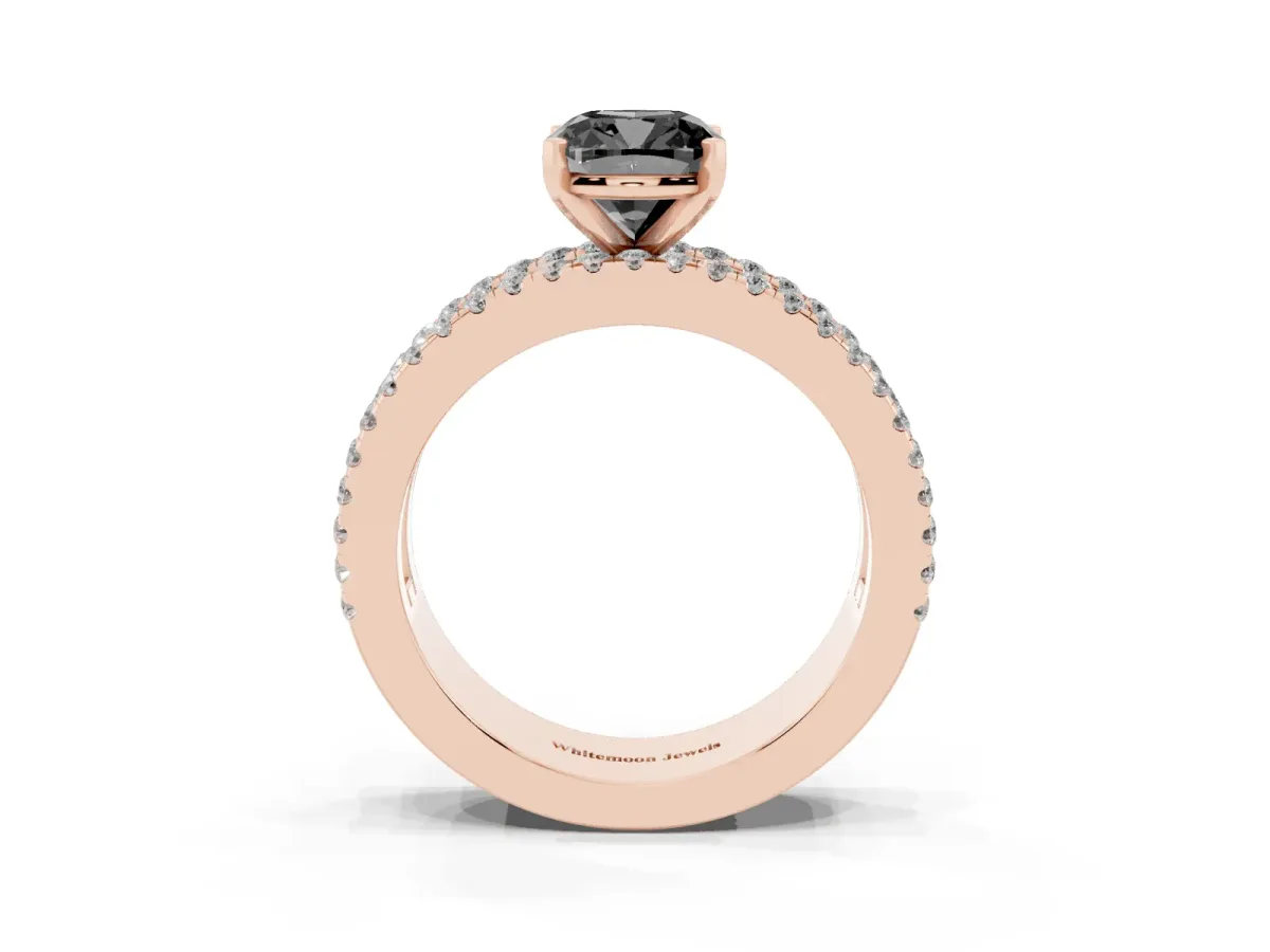 Fancy Black Cushion Cut Diamond Solitaire Ring with Pavé and Channel Set Band Rose gold