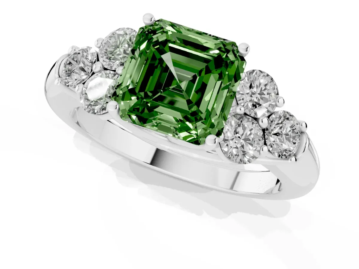 Fancy Green Asscher Cut Cut Diamond Cluster Ring with Round Accent Stones and Prong Setting on a Classic Band Silver