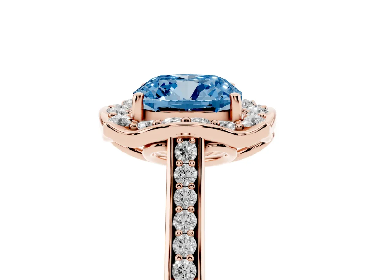 Fancy Blue Cushion Cut Halo Round Diamond Pave Band with Four-Prong Setting Rose gold