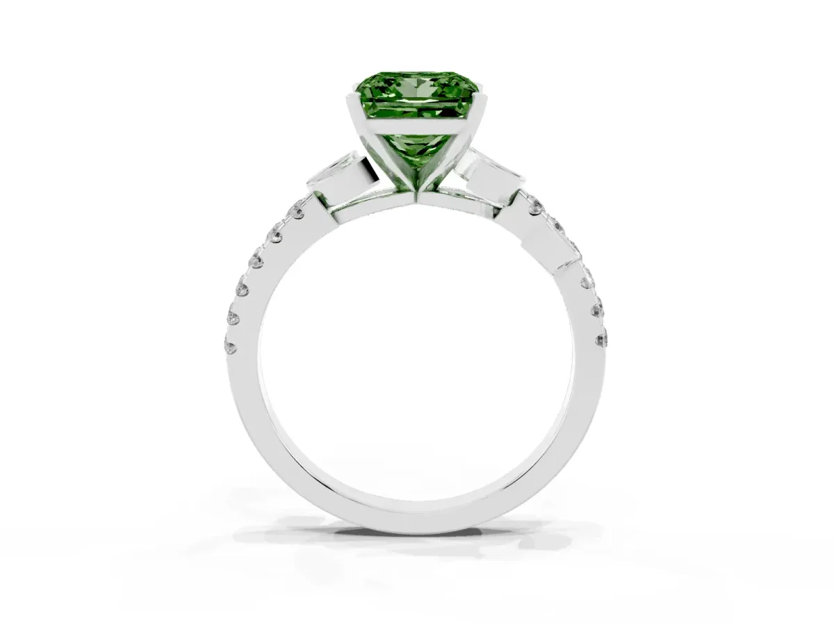 Fancy Green Princess Cut Solitaire Leaf-Inspired Diamond Ring with Pavé Band and Four-Prong Setting Platinum