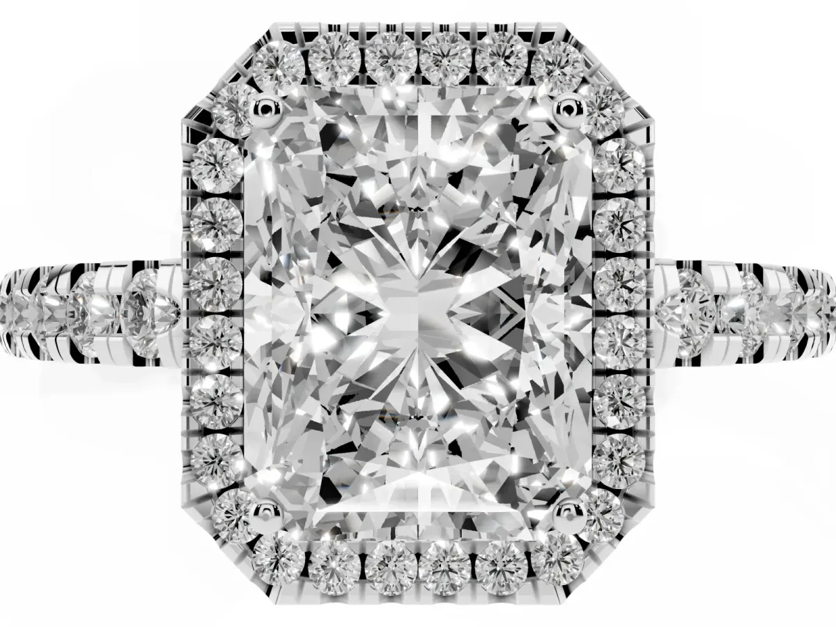 Radiant Cut Diamond Halo Ring with Pavé Band and Four-Prong Setting White gold