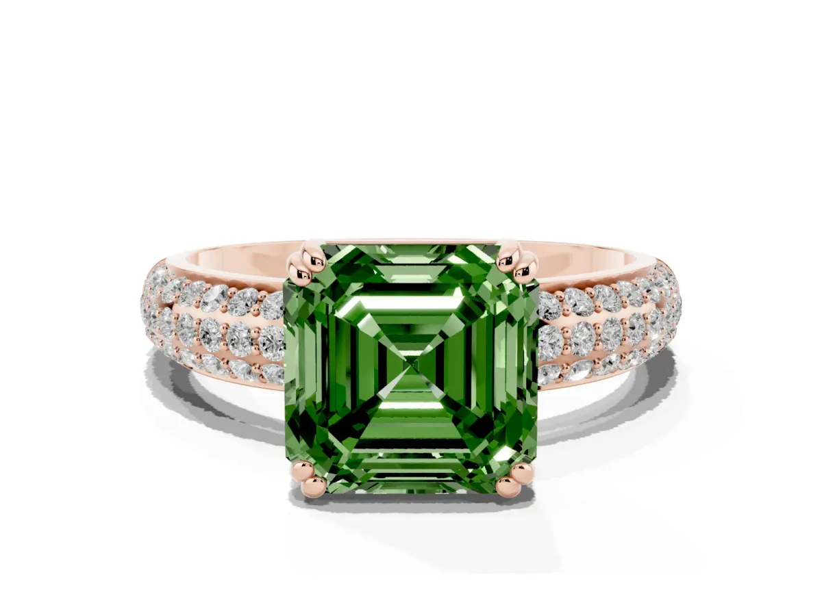 Fancy Green Asscher Cut Diamond Solitaire Ring with Multi-Row Round Pavé Band and Prong Setting Rose gold