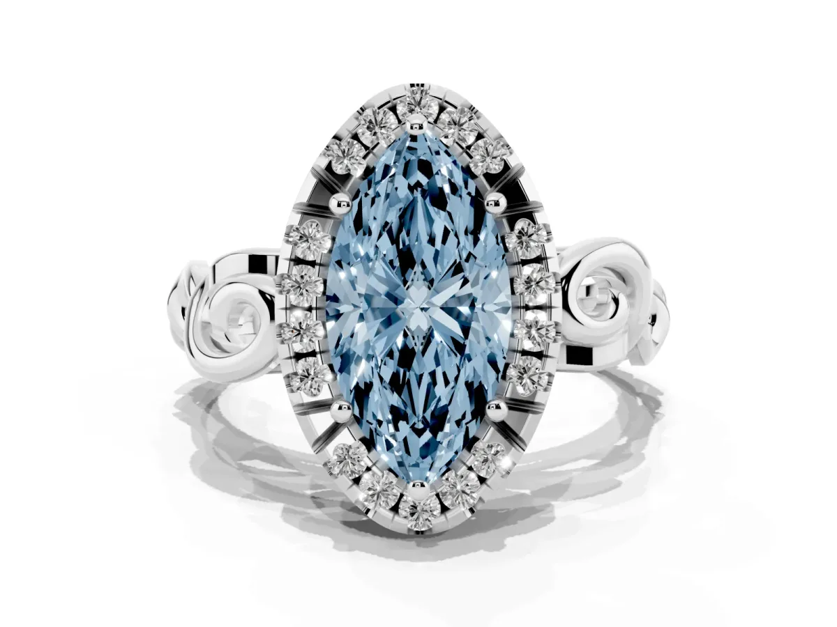 Fancy Blue Marquise Cut Cut Halo Diamond Ring with Scrollwork Band and Four-Prong Setting Silver