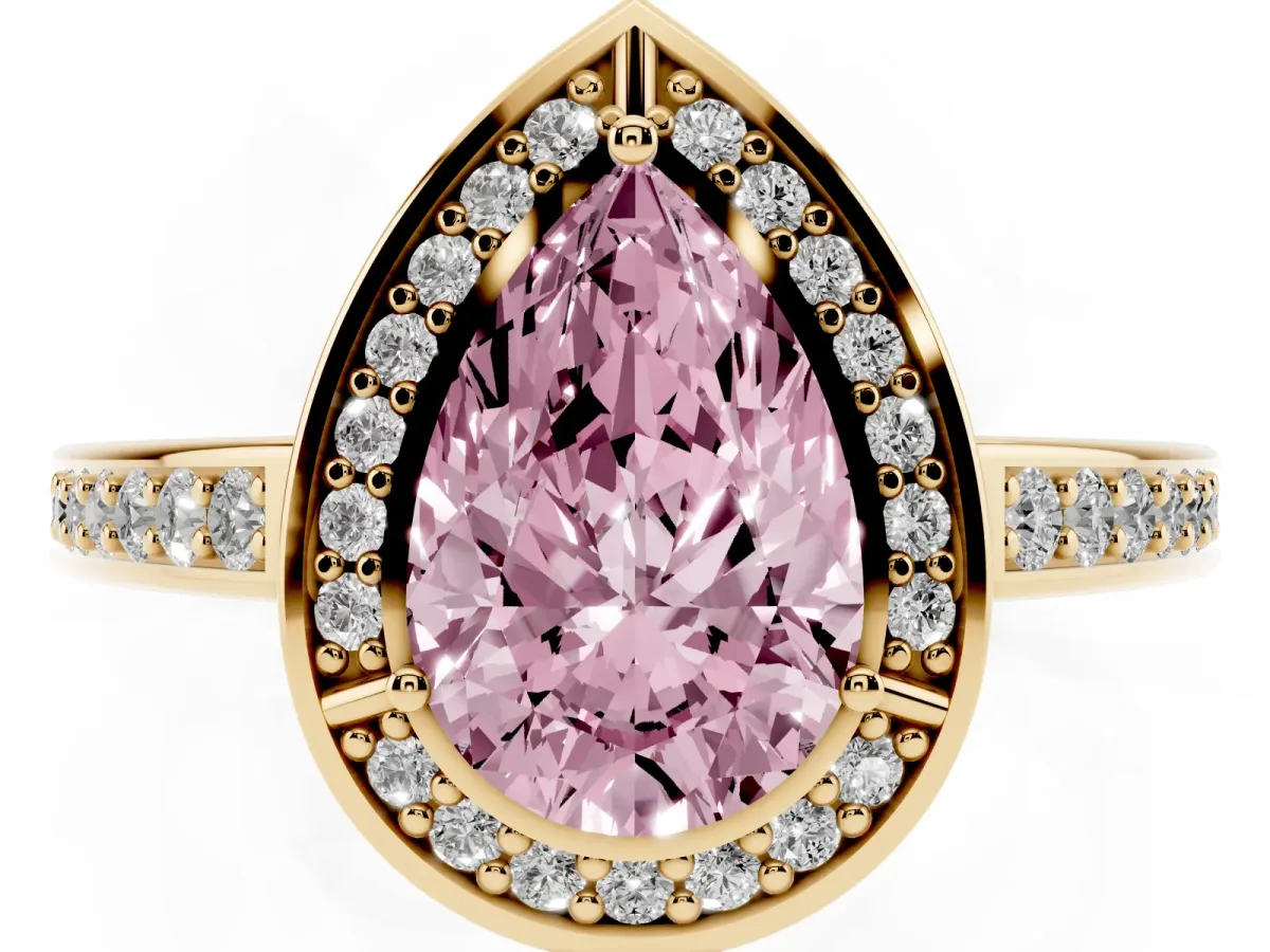 Fancy Pink Pear Cut Cut Halo Pave Split Shank Prong Setting Ring Yellow gold