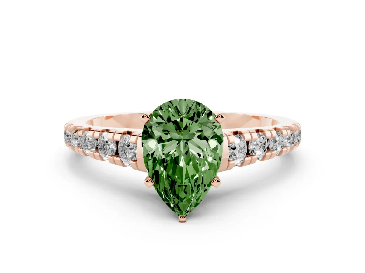 Fancy Green Pear Cut Diamond Cathedral Solitaire Ring with Round Pavé Band Rose gold