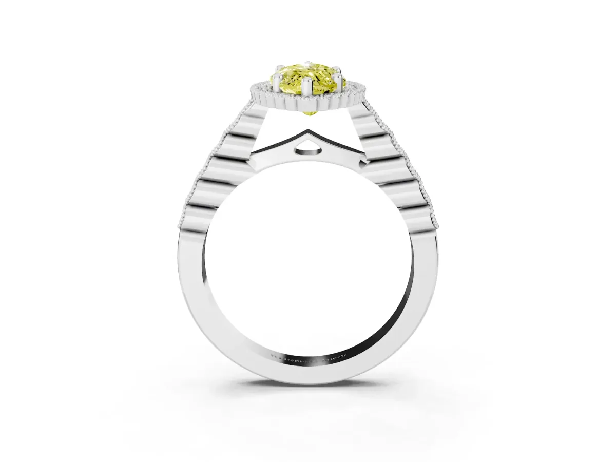 Fancy Yellow Marquise Cut Cut Halo Pavé Solitaire Ring with Milgrain Band White gold
