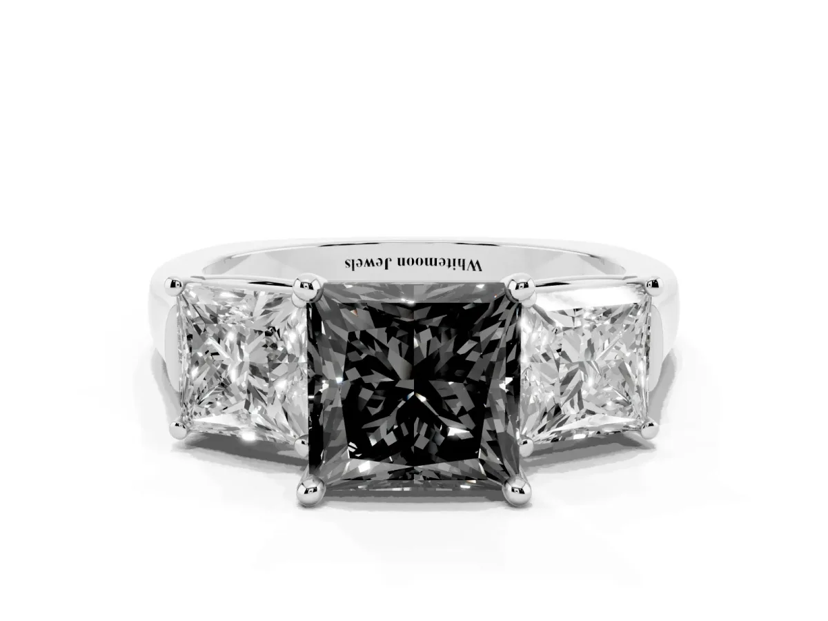 Fancy Black Three-Stone Princess Cut Brilliant Diamond Trellis Ring with Comfort Fit Band Platinum