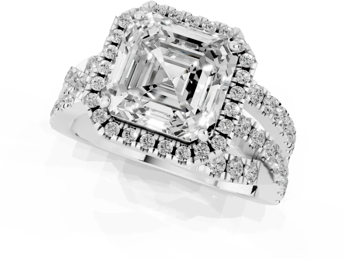 Asscher Cut Diamond Halo Ring with Round Split Shank and Prong Setting White gold